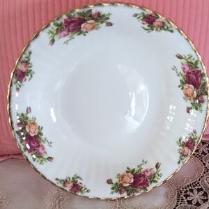 Royal Albert White Soup Bowl with Pink and Yellow Rose Garland and Gold Rim